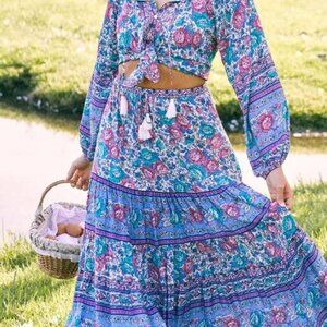 Periwinkle Blue Floral Boho Maxi Skirt